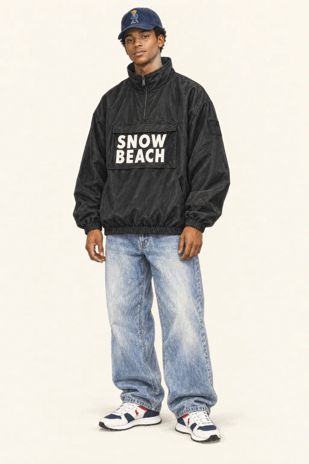 Full-length coloured-pencil portrait of a young man in a black Snow Beach pullover, navy Bear cap, loose pale jeans and white/navy/red trainers.