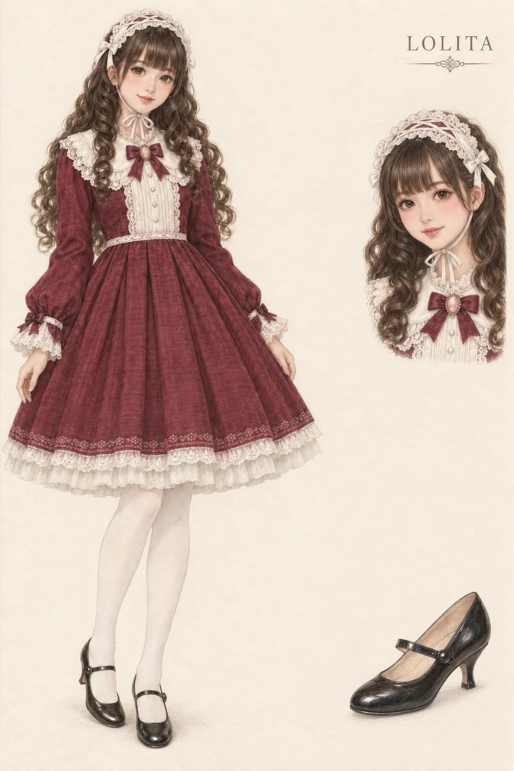 Colored-pencil fashion sketch for Lolita: wine pleats, ivory lace and long curls, with youthful fictional character and separate face and footwear studies.