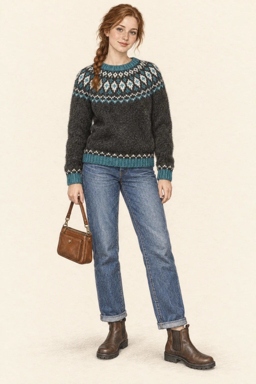 Full-length coloured-pencil illustration of a youthful fictional woman in a charcoal and turquoise circular-yoke sweater, straight blue jeans, brown ankle boots and a cognac bag.