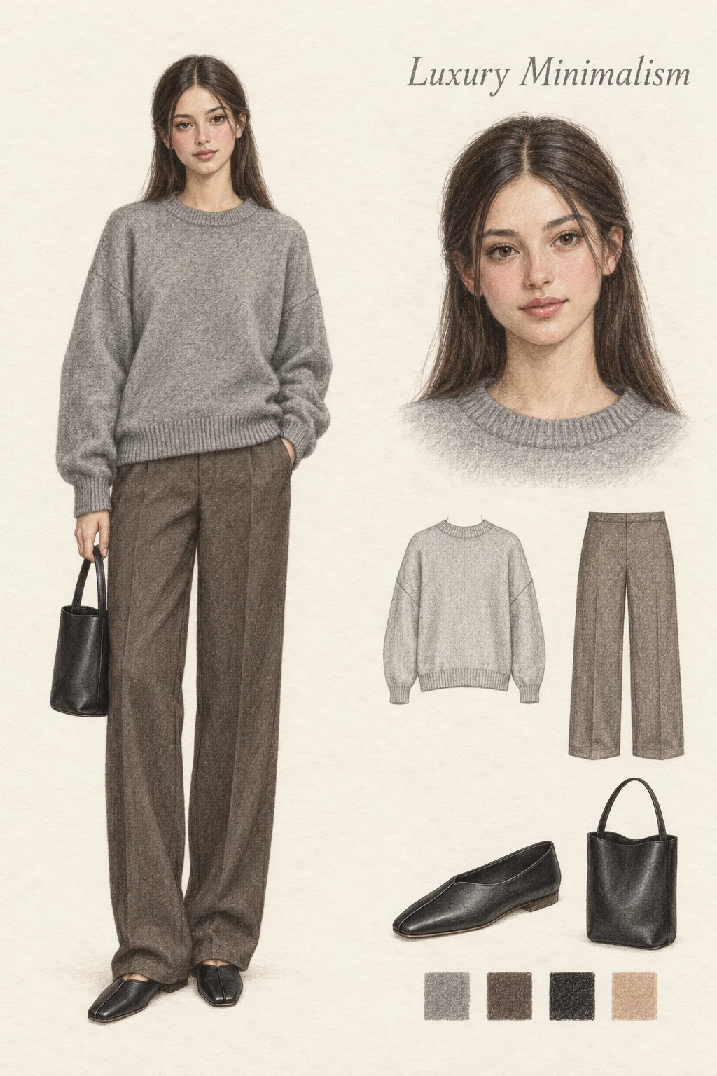 Full-length colored-pencil sketch on warm ivory paper. Fresh youthful soft face with long straight dark center-parted hair, natural brows, peach-rose cheeks and lightly rosy lips. Figure and right-hand close portrait match; limbs are naturally slim with gentle shading. Grey dropped-shoulder rib-edged roomy knit, taupe flat-front wide trousers with creases, black elongated centrally piped low slippers and small single-handle upright black tote. Complete figure and both entire shoes visible; pocket-hand placement clear. Separate matching face and clothing studies at right.