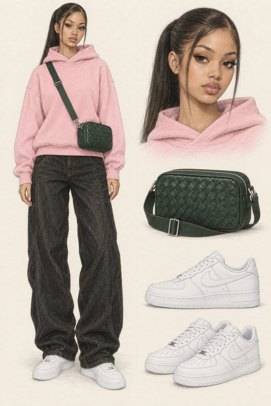 Youthful Luxury Streetwear fashion sketch: pink fleece, curved black denim and dark-green weaving.