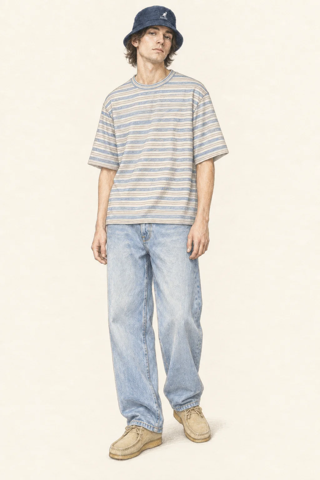 Full-length colored-pencil drawing of a young adult in a striped tee, pale baggy jeans, navy bucket hat and tan suede moccasin shoes on ivory paper.
