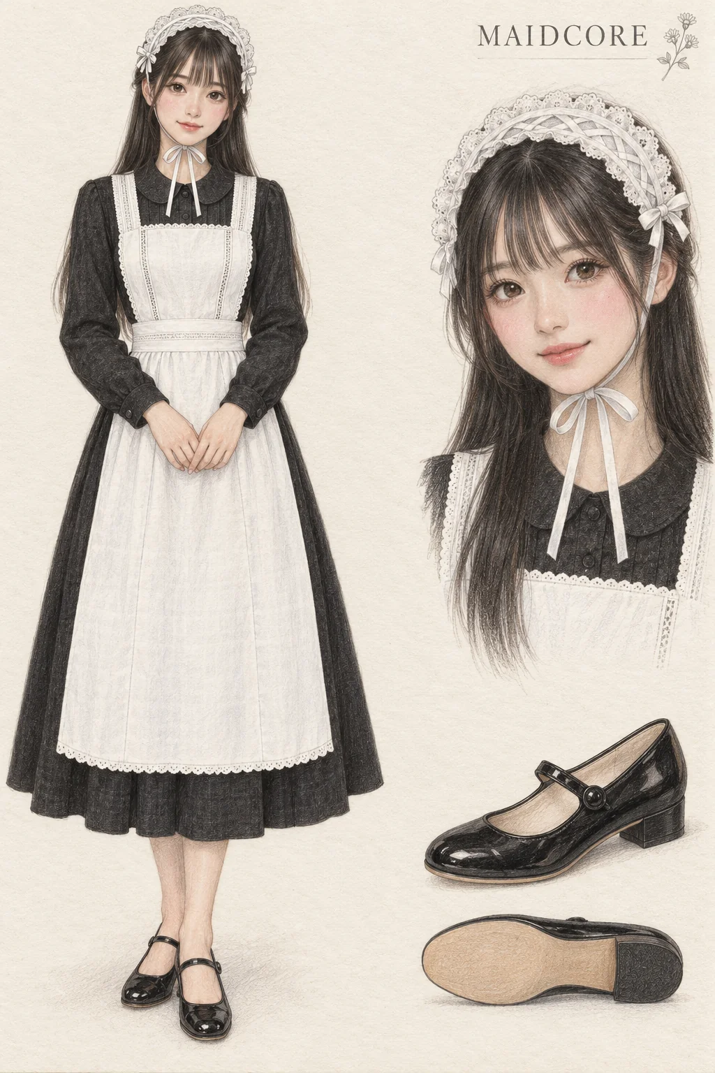 Colored-pencil fashion sketch for Maidcore: a white bib apron over long black linen, with youthful fictional character and separate face and footwear studies.