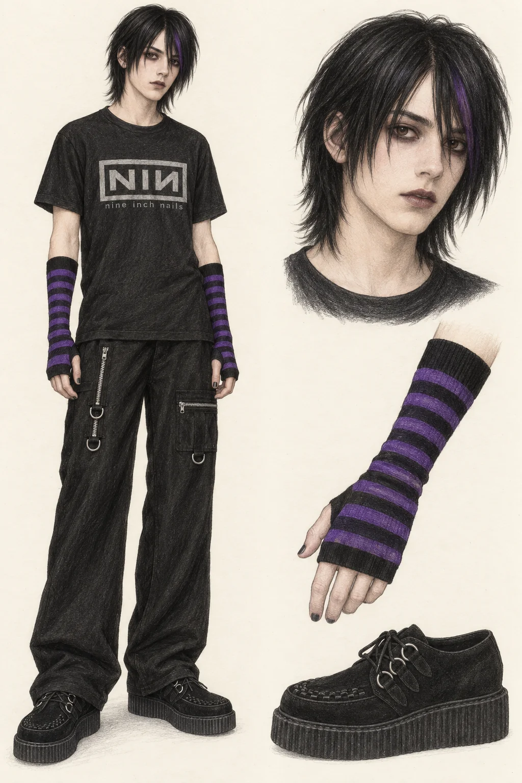 Youthful Mall Goth fashion sketch: black band tee, wide hardware trousers and purple stripes.