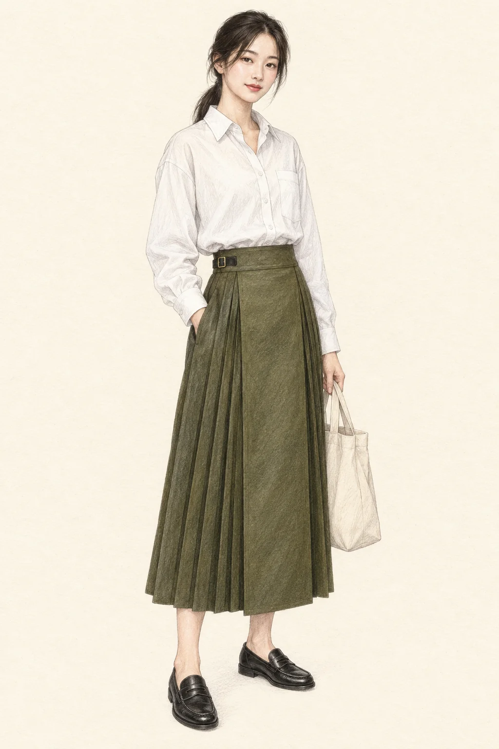 A woman in a white shirt and olive flat-front side-pleated skirt with black loafers and a cream tote.