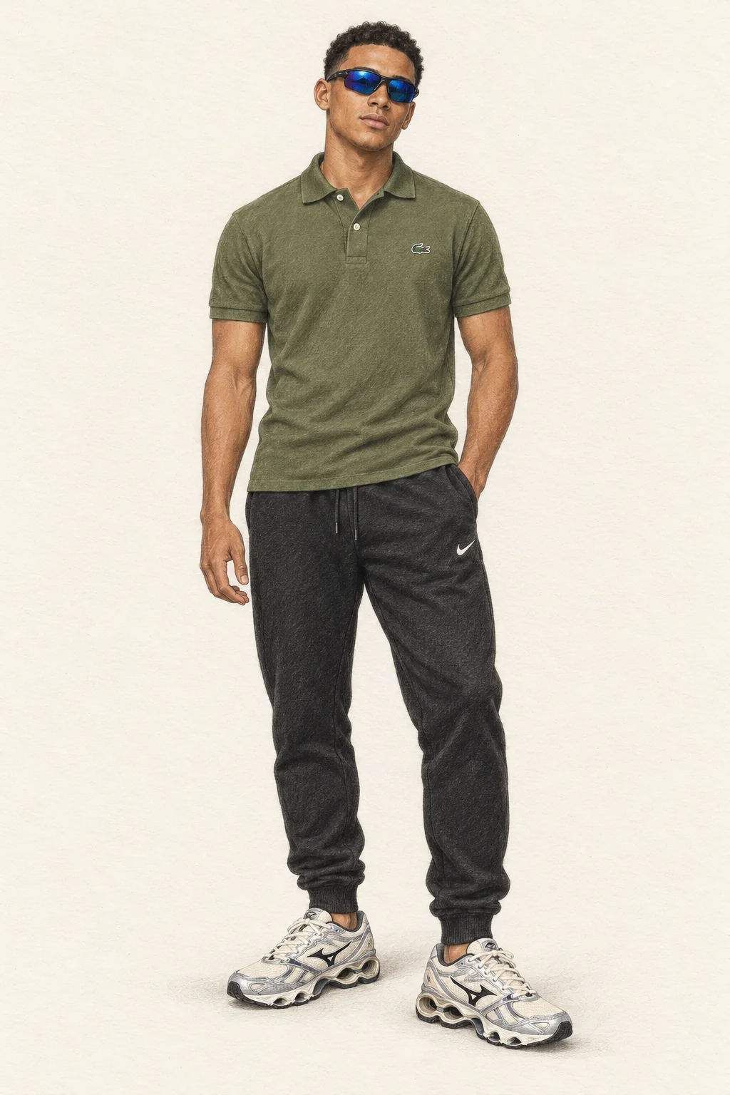 Fictional young adult in an olive polo, black joggers, cream and silver technical trainers and mirrored blue wrap glasses, standing on warm ivory paper.
