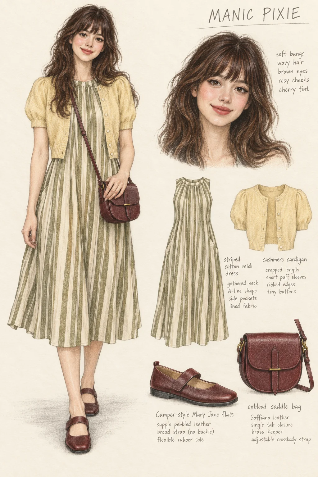 Full-length colored-pencil fashion sketch on warm ivory paper. Youthful soft smiling face with long chestnut waves/full light fringe, fine short eyeliner wing, rosy cheeks and muted cherry lips. Natural slim arms and lightly shaded narrow calves. Olive/cream gathered-neck striped midi with short yellow cardigan, burgundy buckle-free flat Mary Janes and oxblood full-flap saddle bag across body. Exact crop preserves dress flare, bag, both hands, full hair and complete shoes; right studies excluded.