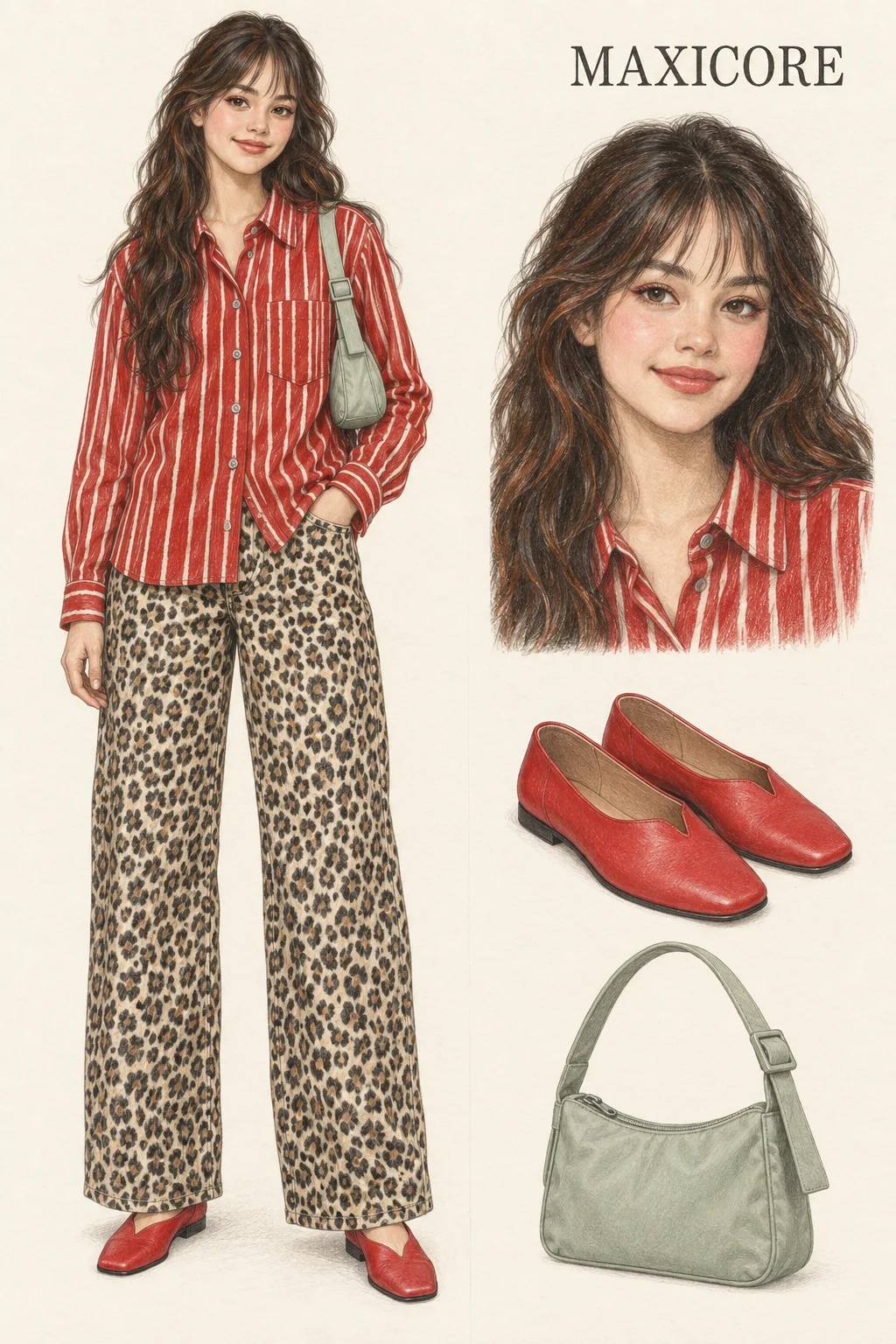 Youthful Maxicore pencil fashion sketch: red hand-drawn stripes, leopard denim and celadon nylon.