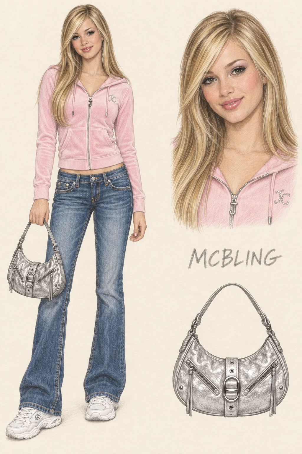 McBling colored-pencil sketch sheet: youthful long-haired blonde woman in a pink velour zip hoodie, stitched blue bootcut jeans and white-and-silver trainers, holding a silver crescent bag; matching portrait and bag study at right.
