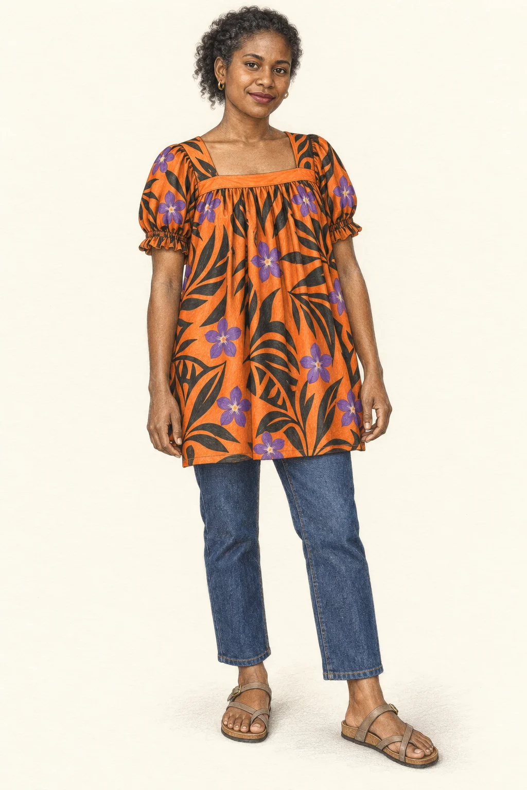 Full coloured-pencil figure of a fictional young Papua New Guinean woman wearing an orange gathered square-neck tunic, blue jeans, small gold hoops and flat taupe sandals.
