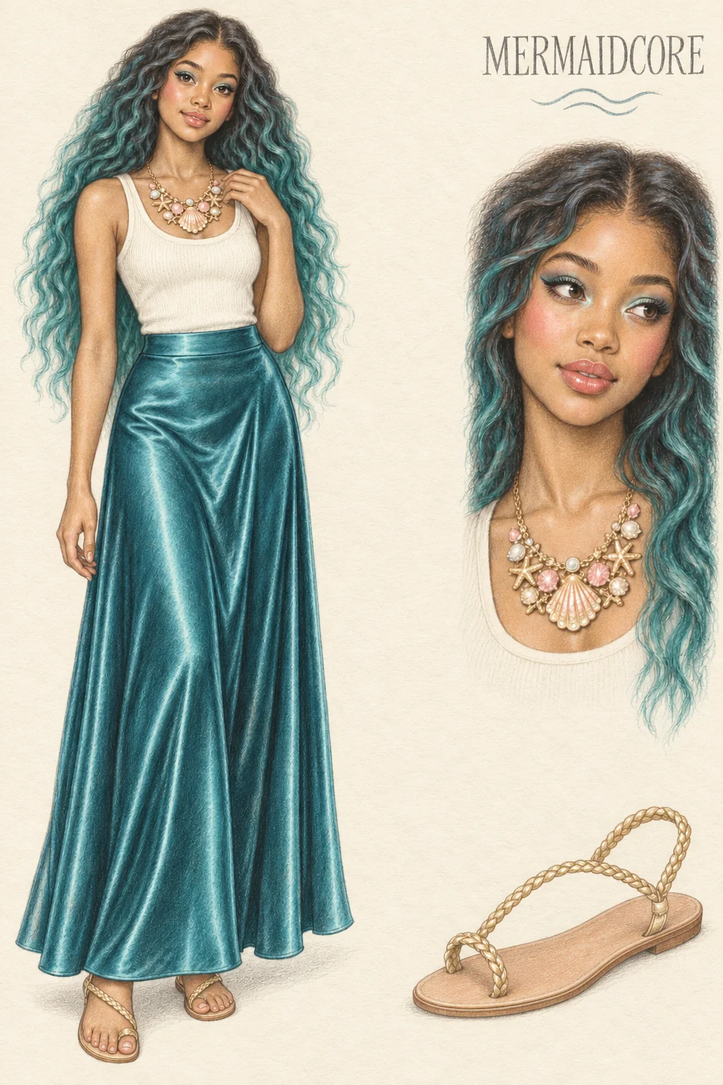 Colored-pencil Mermaidcore study: teal satin, a shell bib and sea-glass eyes, youthful fictional character with separate face and footwear studies.