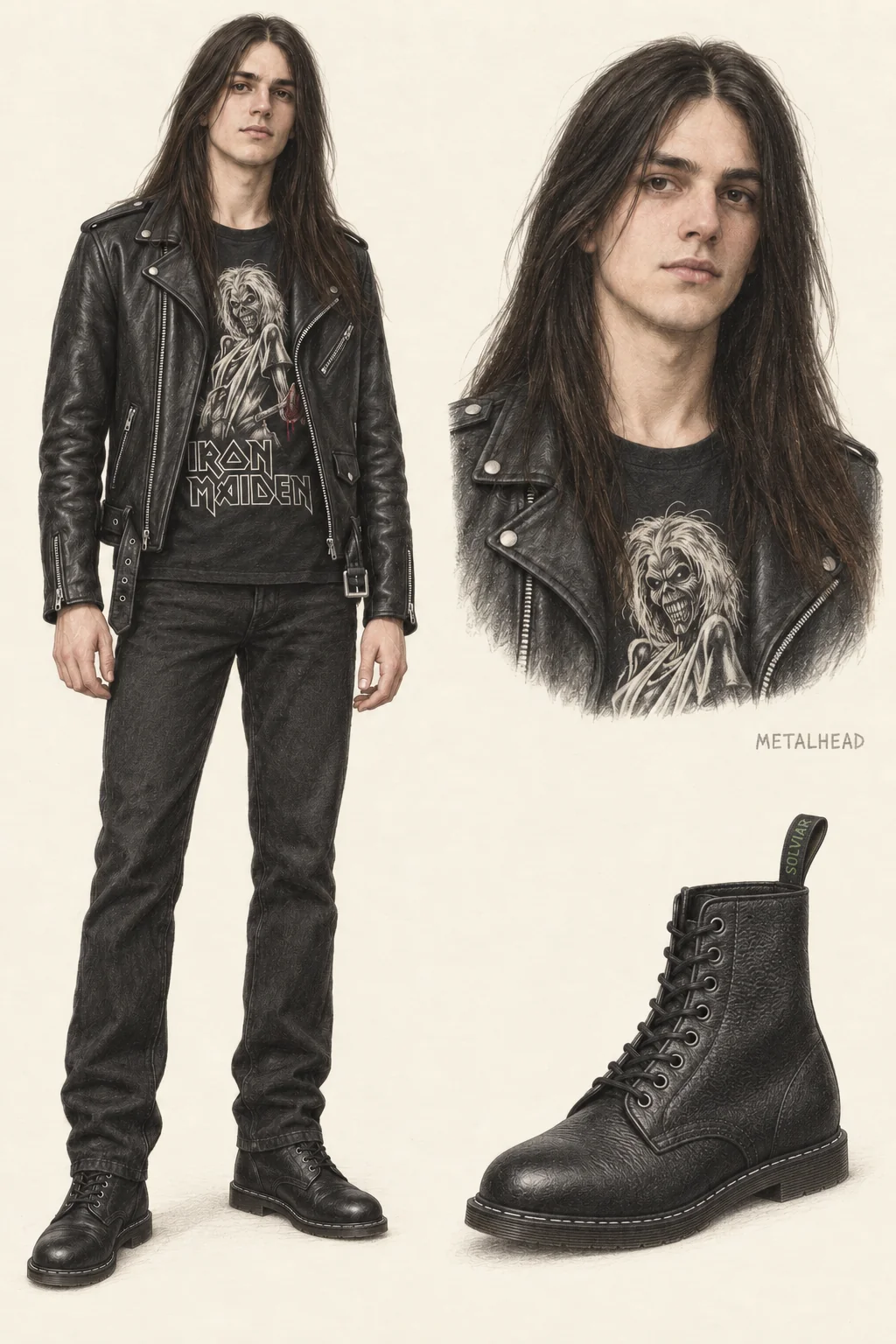 Metalhead colored-pencil sketch sheet with a youthful long-haired man in an open black leather jacket, Iron Maiden tee, straight black jeans and plain black derby boots, plus a matching portrait and boot study.