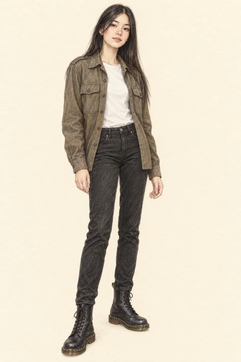Realistic colored-pencil full-body sketch of a young adult with long dark hair wearing an olive-brown two-pocket field overshirt, white tee, black jeans and black lace-up boots with yellow stitching on ivory paper.