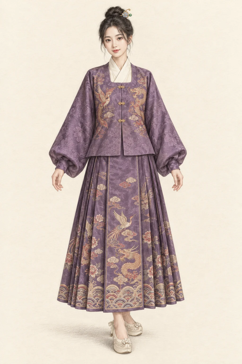 Fictional young Chinese woman in a purple square-collar jacket and patterned long mamian skirt, with cream decorative shoes and a small hairpin.
