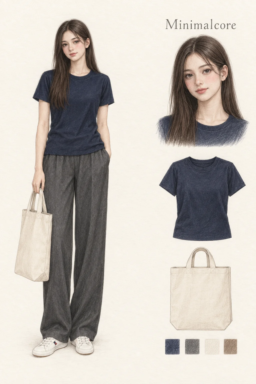 Full-length colored-pencil sketch on warm ivory paper. Youthful soft face, long straight dark hair tucked at one ear, natural brows, fine lashes, pink cheeks and rose lips. Figure and portrait agree. Plain navy crewneck tee, charcoal fluid wide trousers, white canvas low shoes and tall natural tote. Complete hair, visible hand and pocket-hand position, entire tote and both full shoes are inside the crop. Separate matching face and clothing studies at right.