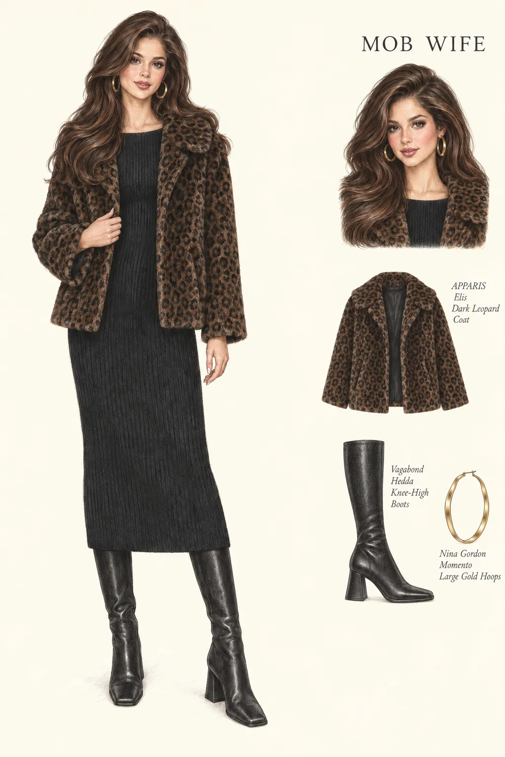 Detailed colored-pencil Mob Wifecore sheet on warm ivory paper. Leopard plush, a black ribbed midi and a polished blowout. Complete youthful fictional figure at left with a matching face and item studies at right.