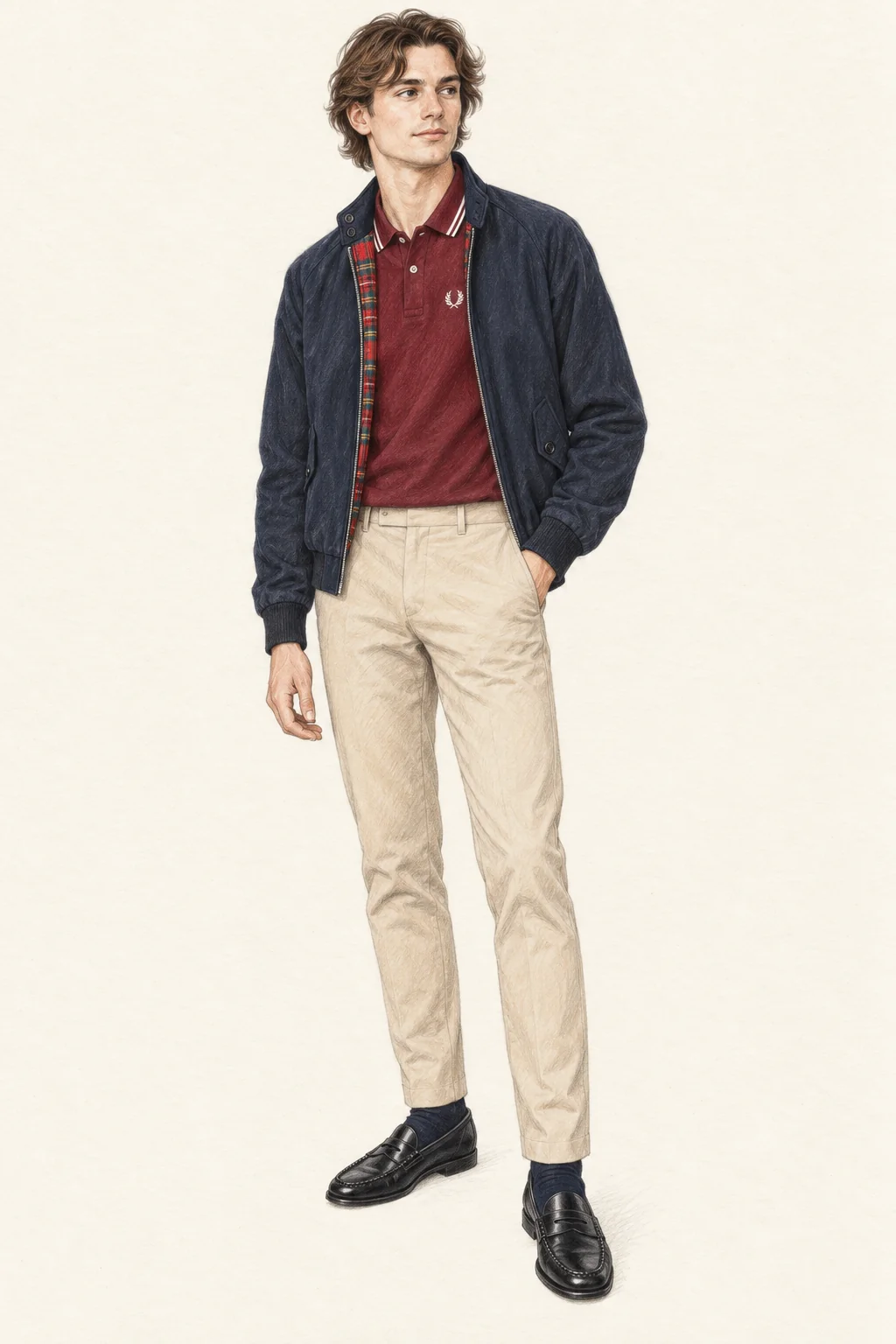 Full-length colored-pencil drawing of a young young man in a navy Harrington, oxblood polo, beige chinos and black penny loafers on ivory paper.