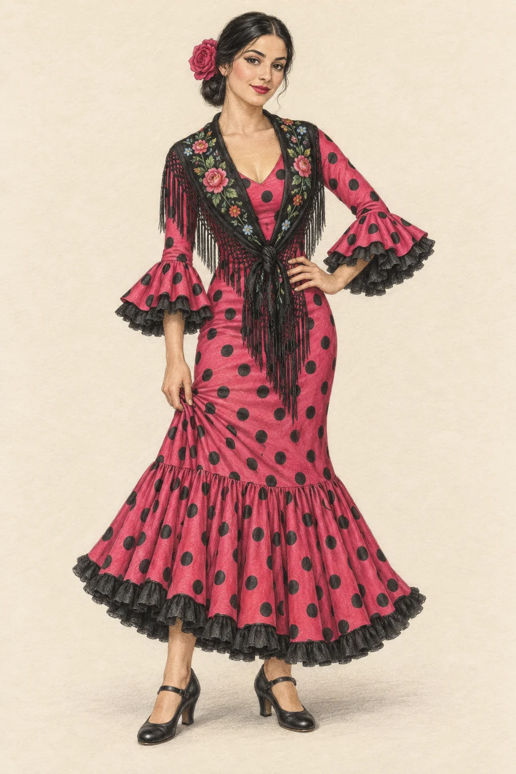Coloured-pencil portrait of a young Andalusian woman in a raspberry dotted flamenca dress, black embroidered shawl, pink hair rose and black strapped heels.