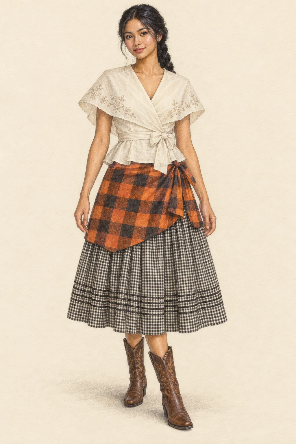Detailed pencil portrait of a young Filipina woman wearing an ivory panuelo blouse, orange checked short wrap over a gingham midi skirt and brown Western boots.