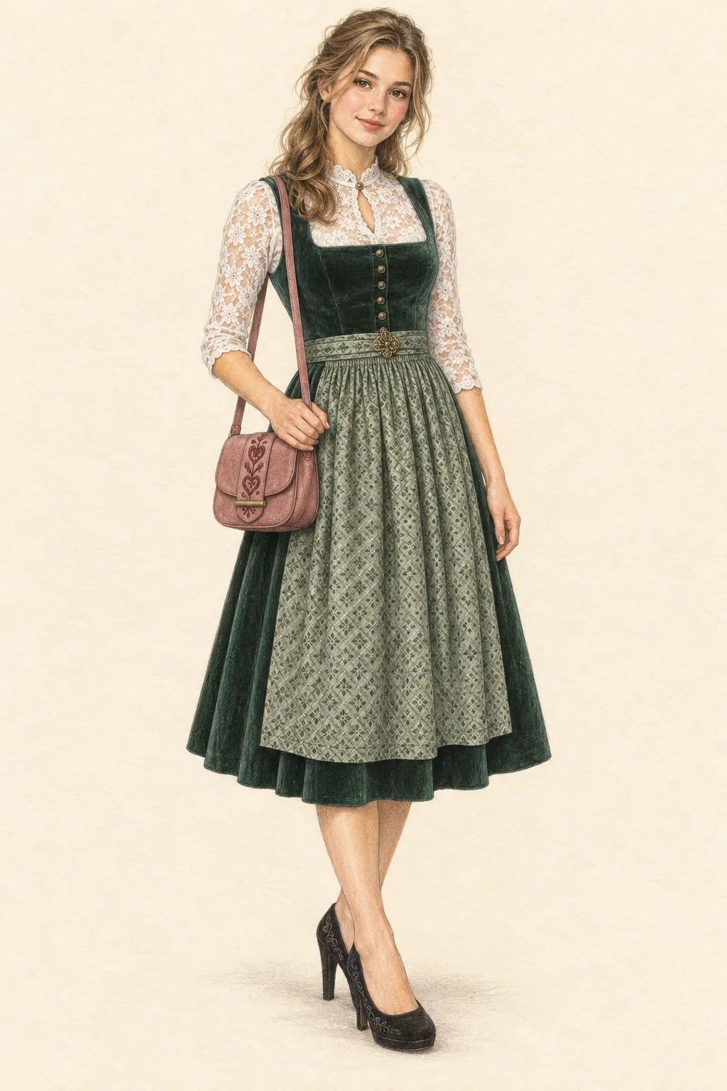 Realistic coloured-pencil portrait of a youthful woman with loose dark-blonde waves wearing a green dirndl, white lace blouse, sage apron, rose shoulder bag and black pumps.