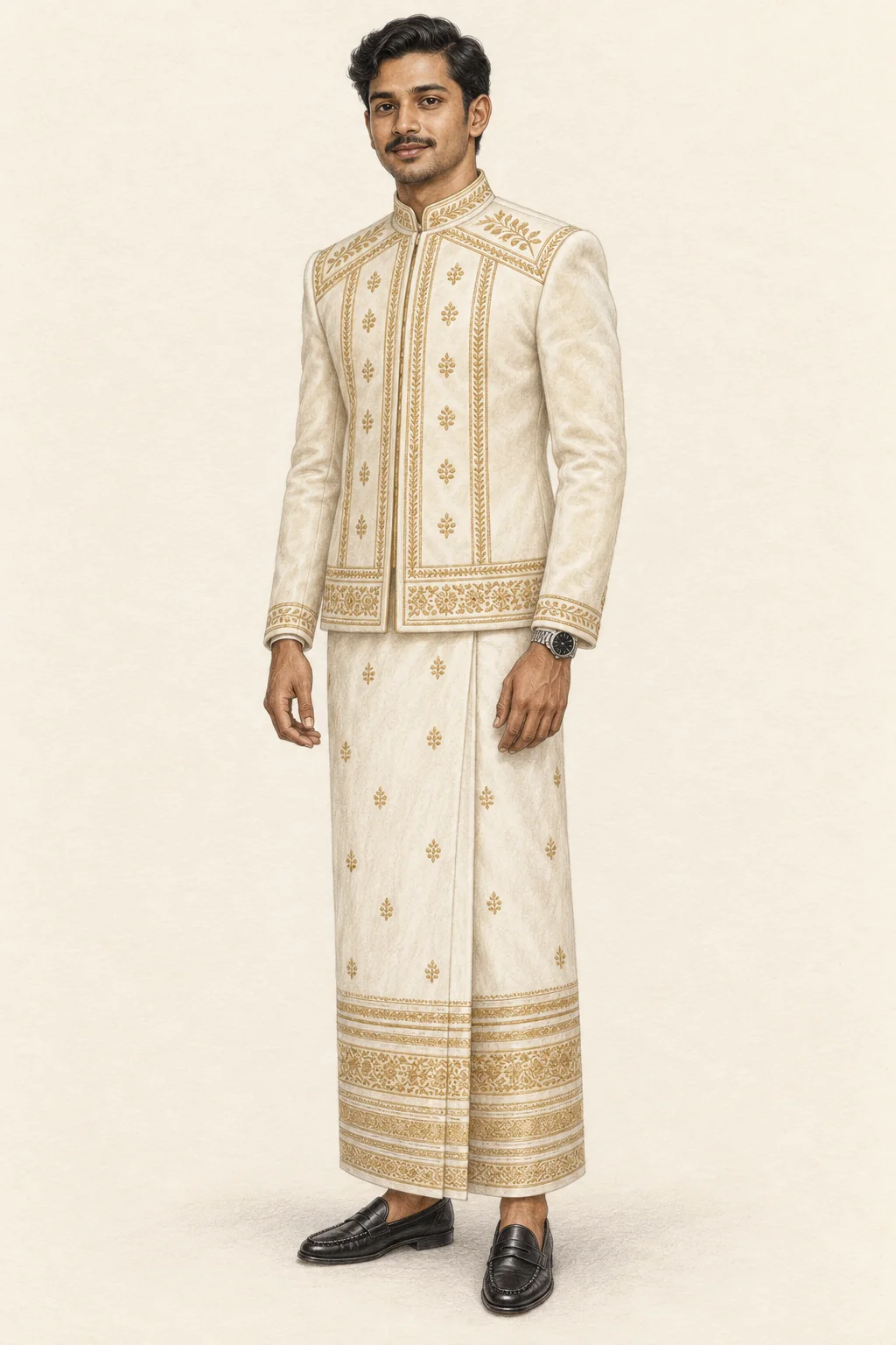 Fictional young man in a short ivory and gold embroidered jacket, straight sarong and black loafers.