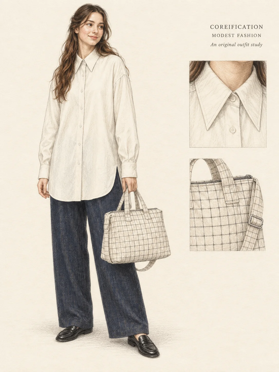Detailed coloured-pencil sketch of a young adult with long chestnut waves wearing a loose ivory longline shirt, wide navy trousers and low black loafers, holding a natural grid tote on ivory paper.