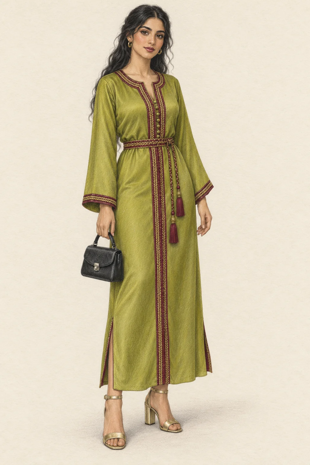 Pencil portrait of a young Moroccan woman in an olive bordered kaftan, braided belt, gold sandals and a small black handbag.