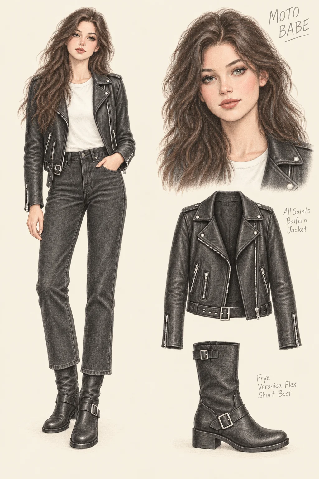 Youthful Moto Babe pencil fashion sketch: black biker leather, cropped denim and buckle boots.