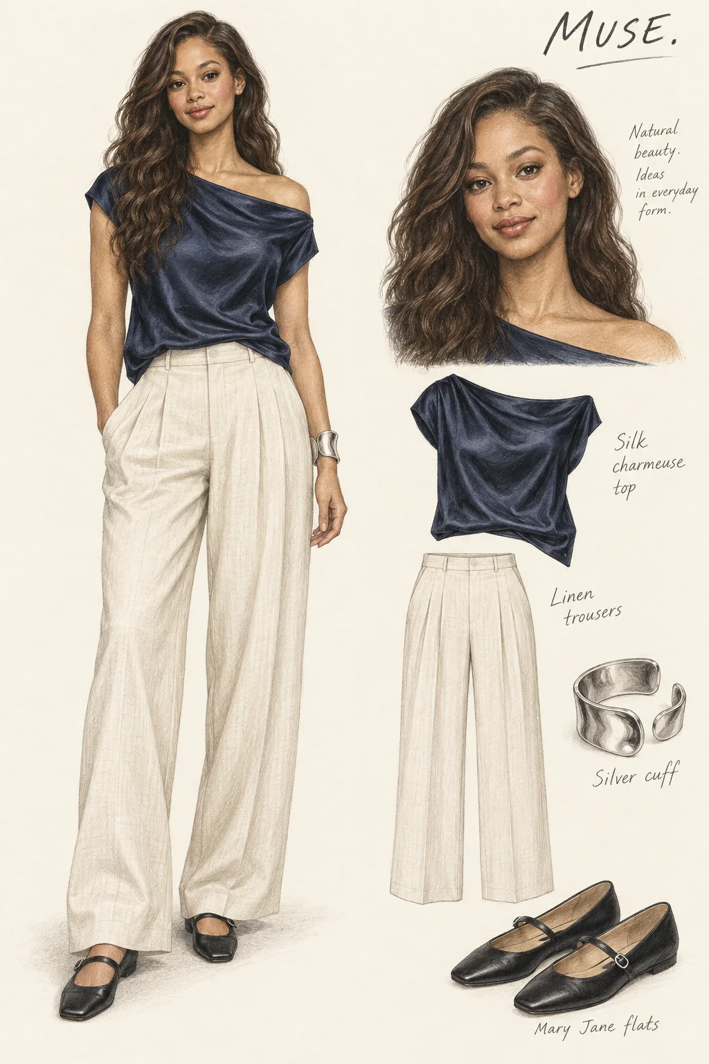 Full-length colored-pencil fashion sketch on warm ivory paper. Youthful light-skinned Black character with soft oval face, long voluminous dark waves, restrained bronze lids and rose-brown gloss. Natural healthy slim proportions, softly shaded exposed arms. Asymmetric navy draped silk top above wide bone pleated trousers, black low single-strap flats and one polished organic open cuff. Exact crop preserves full hair, visible hand and cuff, both shoes and trouser hems with empty margins.