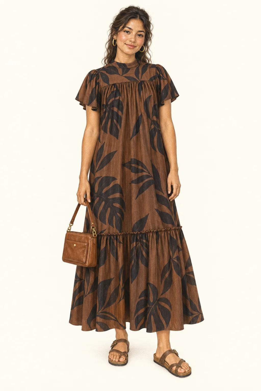 Full-length coloured-pencil illustration of a young fictional Hawaiian woman in a brown botanical muumuu, flat sandals, gold hoops and a small cognac bag.