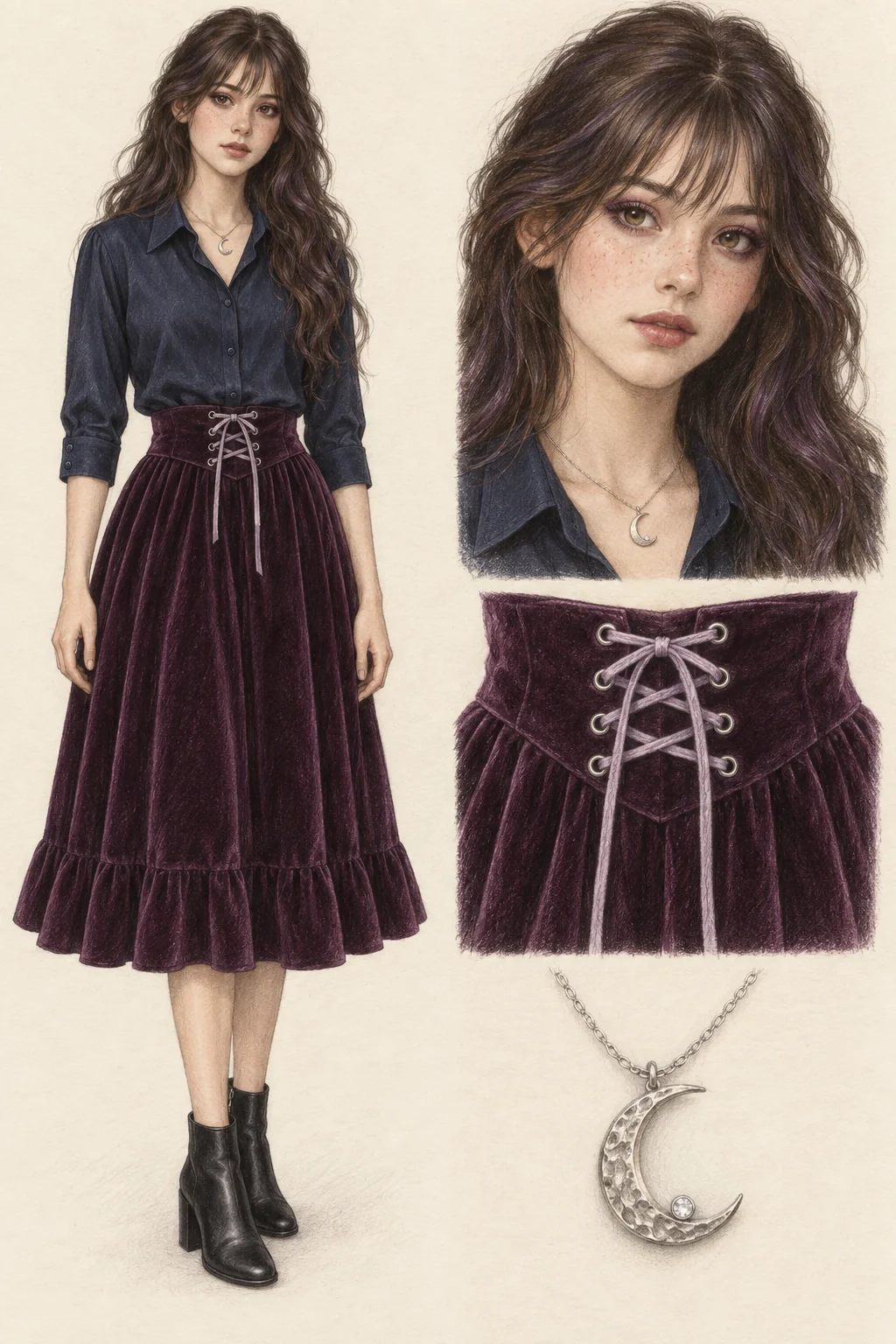 Youthful Mystic Girl fashion sketch: midnight silk, plum velvet and a silver moon.