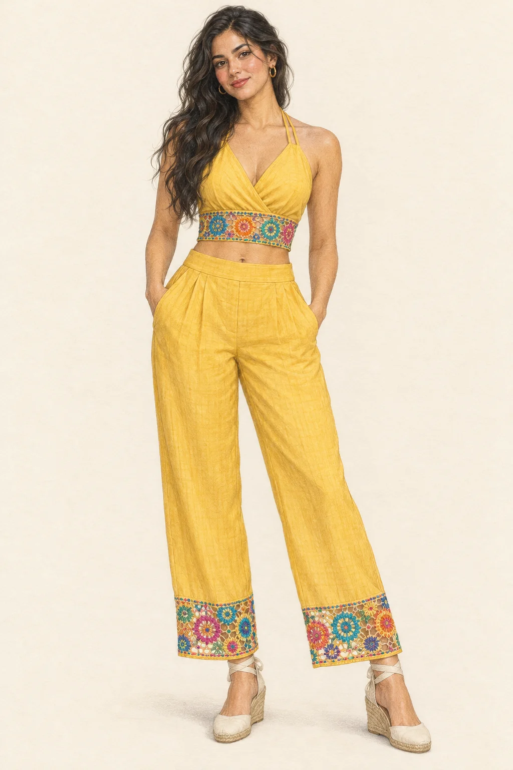 Full-length pencil illustration of a young Paraguayan woman in yellow separates with colourful nanduti lace bands and ivory espadrilles.