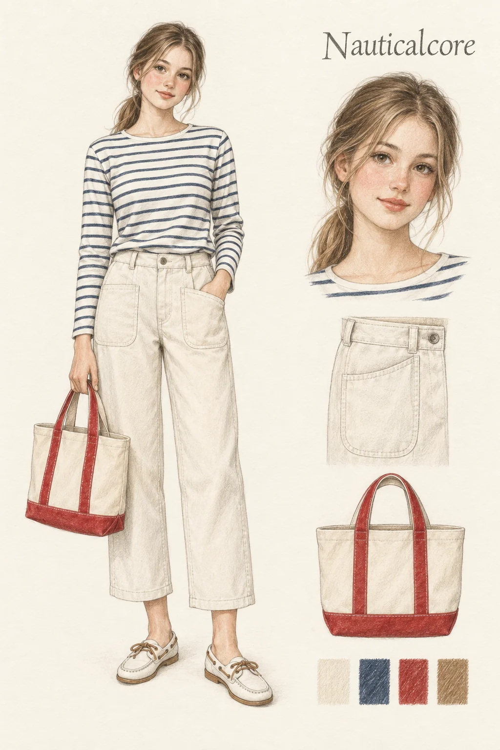 Full-length colored-pencil fashion sketch on warm ivory paper. Youthful softly rounded face, loose dark-blonde low ponytail with center wisps, peach-rose cheeks and muted coral lip. Figure and portrait agree. Ecru/navy striped long-sleeve jersey lightly tucked into wide natural cropped canvas trousers with two front patch pockets, white/tan boat shoes and red-trimmed cream tote. All hair, visible hands/pocket position, bag and both complete shoes remain within the crop. Separate face and clothing studies at right.