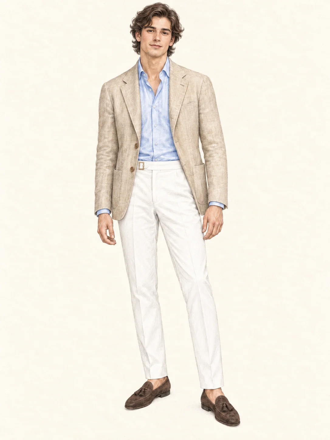 Full-length colored-pencil portrait of a young adult in a soft beige linen jacket, pale blue shirt, white side-fastening trousers and brown tassel loafers on ivory paper.