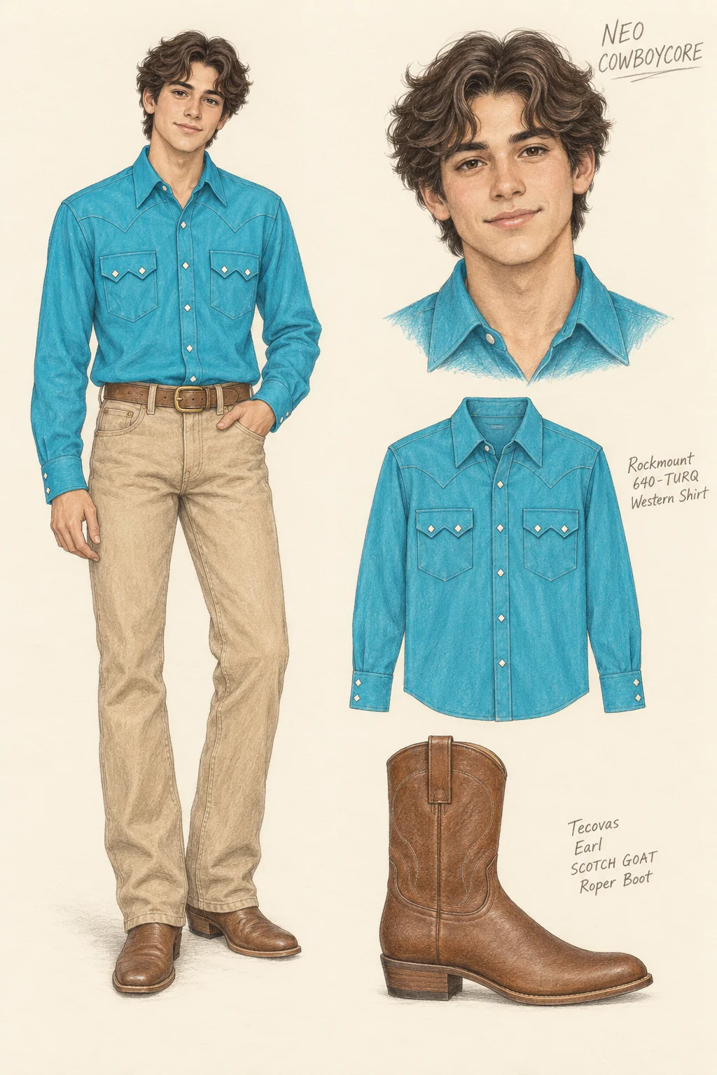Youthful Neo Cowboycore pencil fashion sketch: turquoise western shirting and tan straight denim.