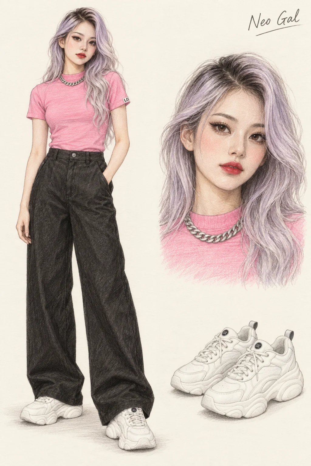 Colored-pencil fashion sketch of a youthful lavender-platinum-haired woman with winged eyes and red lips, pink fitted tee, black wide trousers, white chunky sneakers and steel chain; separate face and sneaker studies.