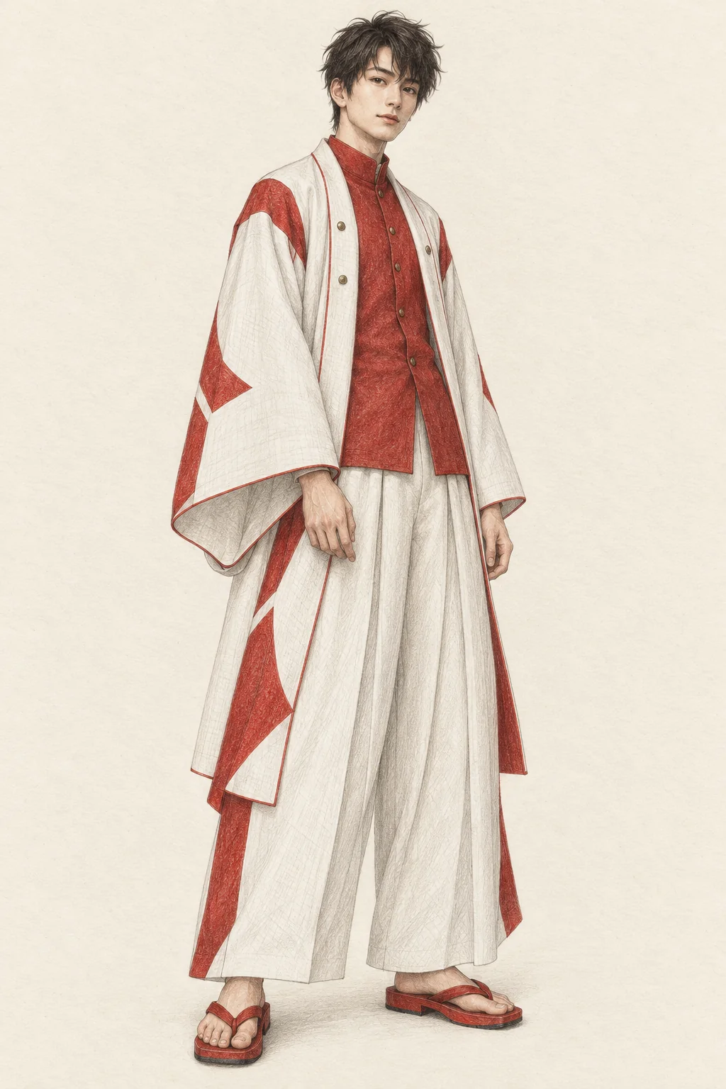 Fictional young adult in a graphic red-and-white kimono coat, pleated trousers and red geta.