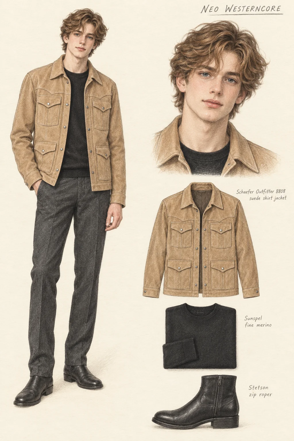 Youthful Neo Westerncore pencil fashion sketch: tan western suede over dark fine-knit tailoring.