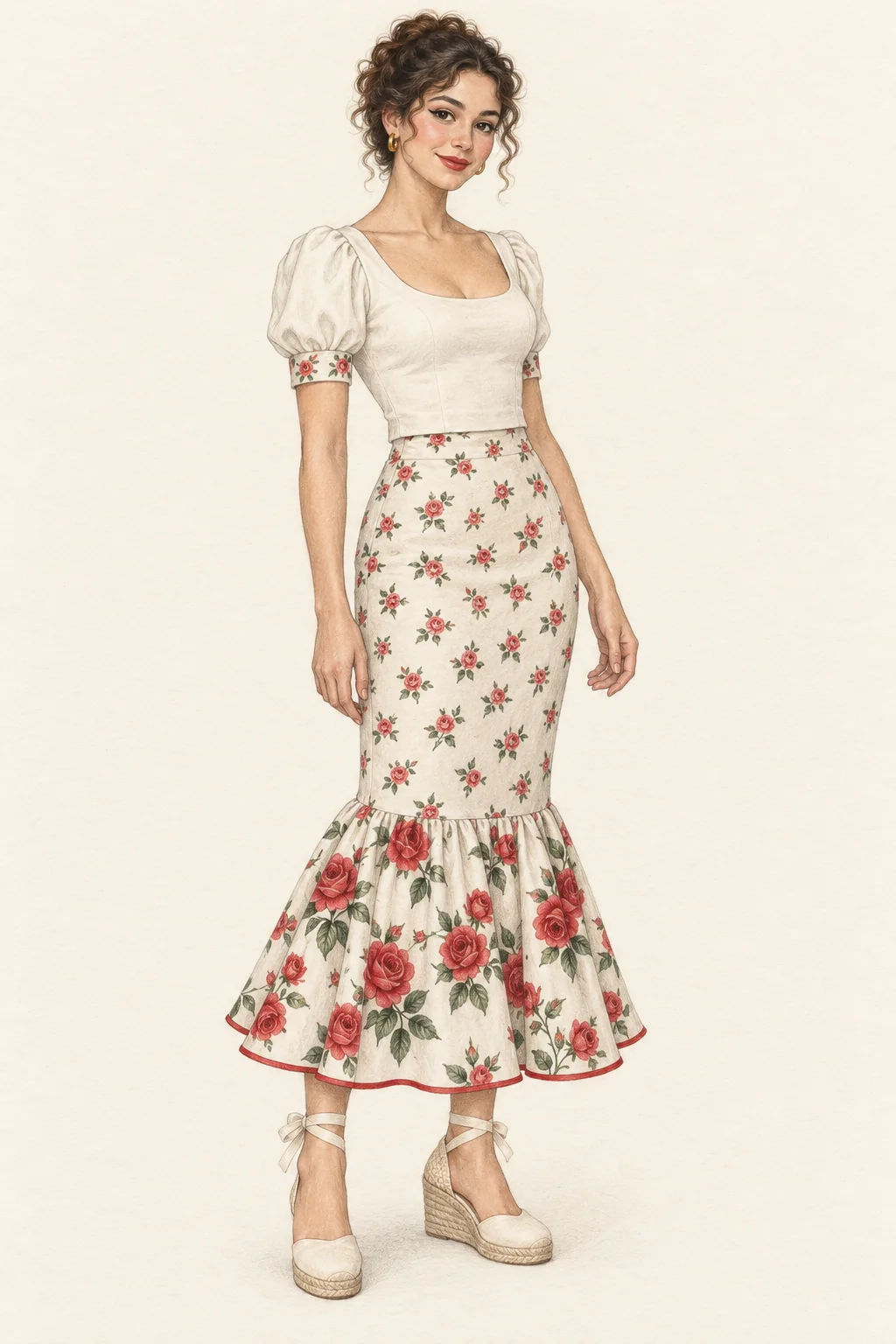 Full-length coloured-pencil portrait of a young woman in an ivory puff-sleeve blouse, rose-print low-flare skirt and ivory espadrilles.