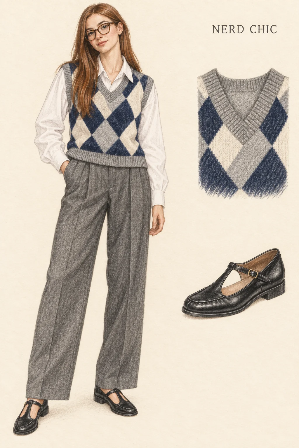 Detailed coloured-pencil fashion sketch of a young adult with long copper-brown hair and tortoiseshell frames, wearing an argyle vest, white shirt, grey wide trousers and black Mary Janes on ivory paper.