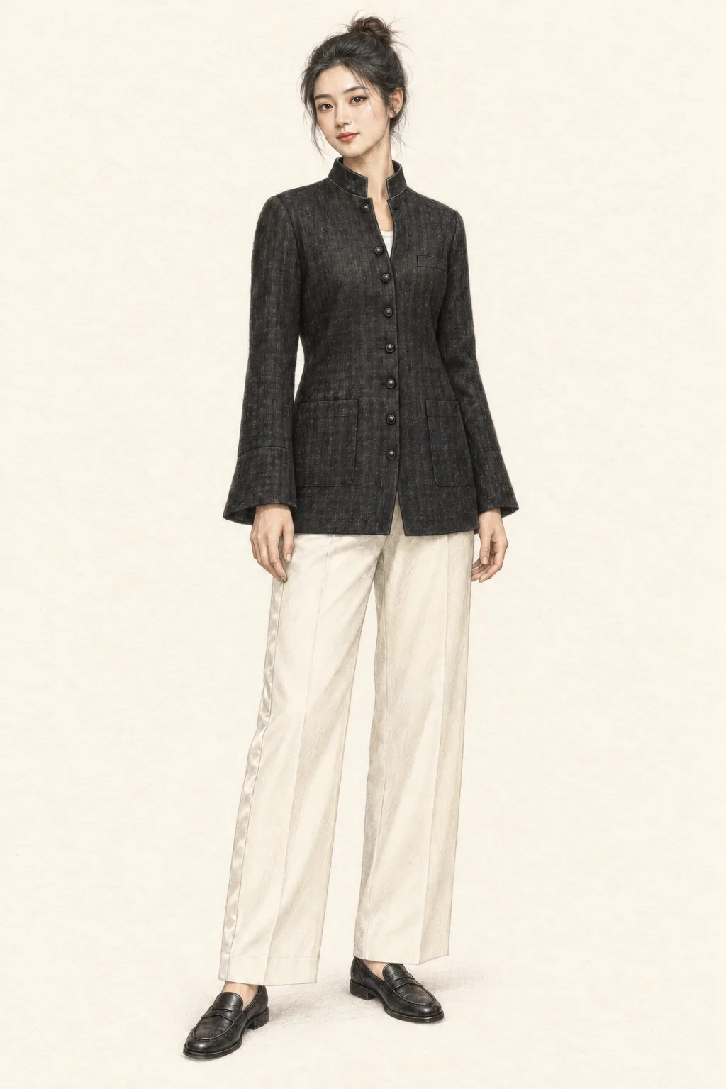 Colored-pencil portrait of a fictional young Chinese woman with dark hair in a bun, a black double-collar jacket, white underlayer, ivory wide-leg trousers and black loafers.