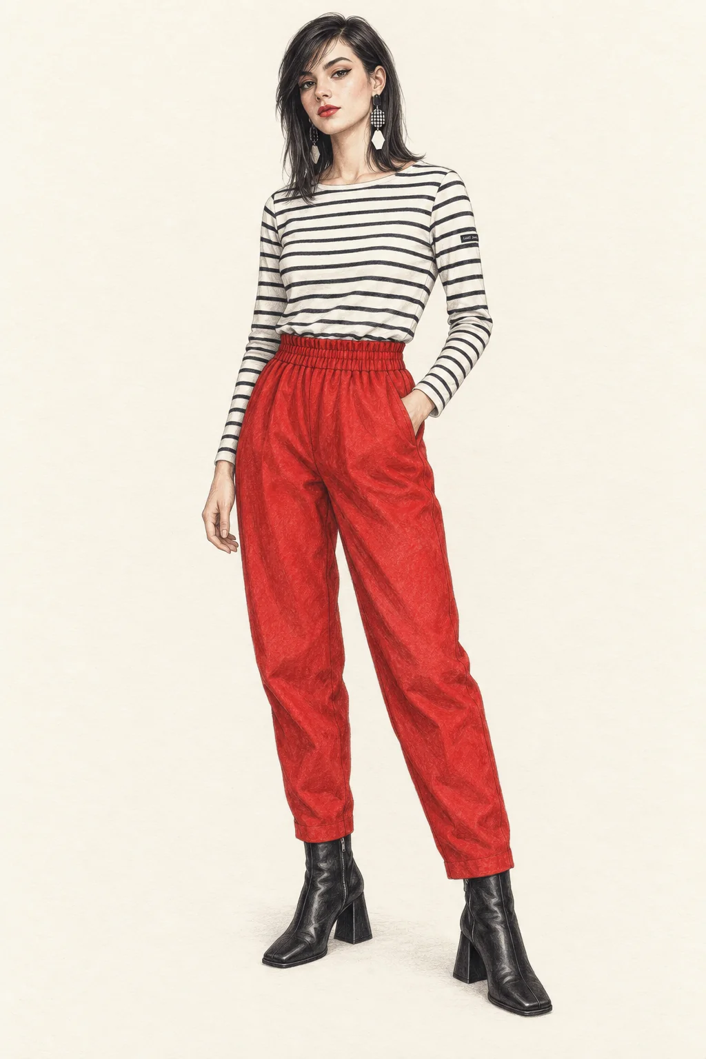 Full-length colored-pencil drawing of a slim young young woman in a black-and-white striped top, red tapered trousers, black ankle boots and geometric earrings on ivory paper.