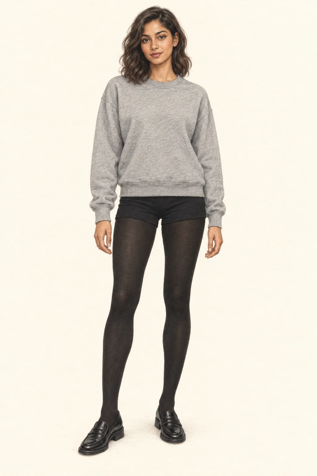 Full-length coloured-pencil illustration of a fictional adult woman in a grey crewneck, black micro shorts, opaque black tights and black penny loafers.