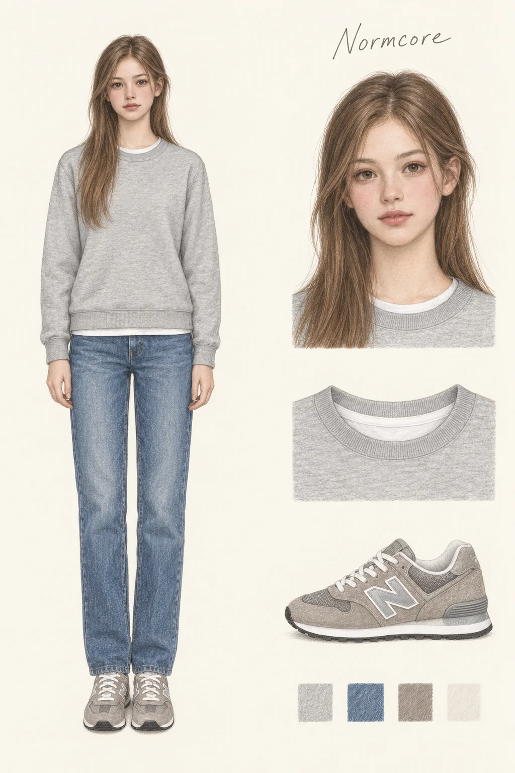 Full-length colored-pencil fashion sketch on warm ivory paper. Youthful soft oval face, long light-brown hair, natural brows, quiet pink cheek color and softly tinted lips. Matching face inset; no mature creases or heavy facial contour. Plain gray rib-edged crewneck with white tee collar/hem, medium-blue straight jeans and gray suede/mesh low sneakers. Narrow parallel stance leaves both full sneakers and all fingers clearly inside a generous blank crop. Separate face and clothing studies at right.