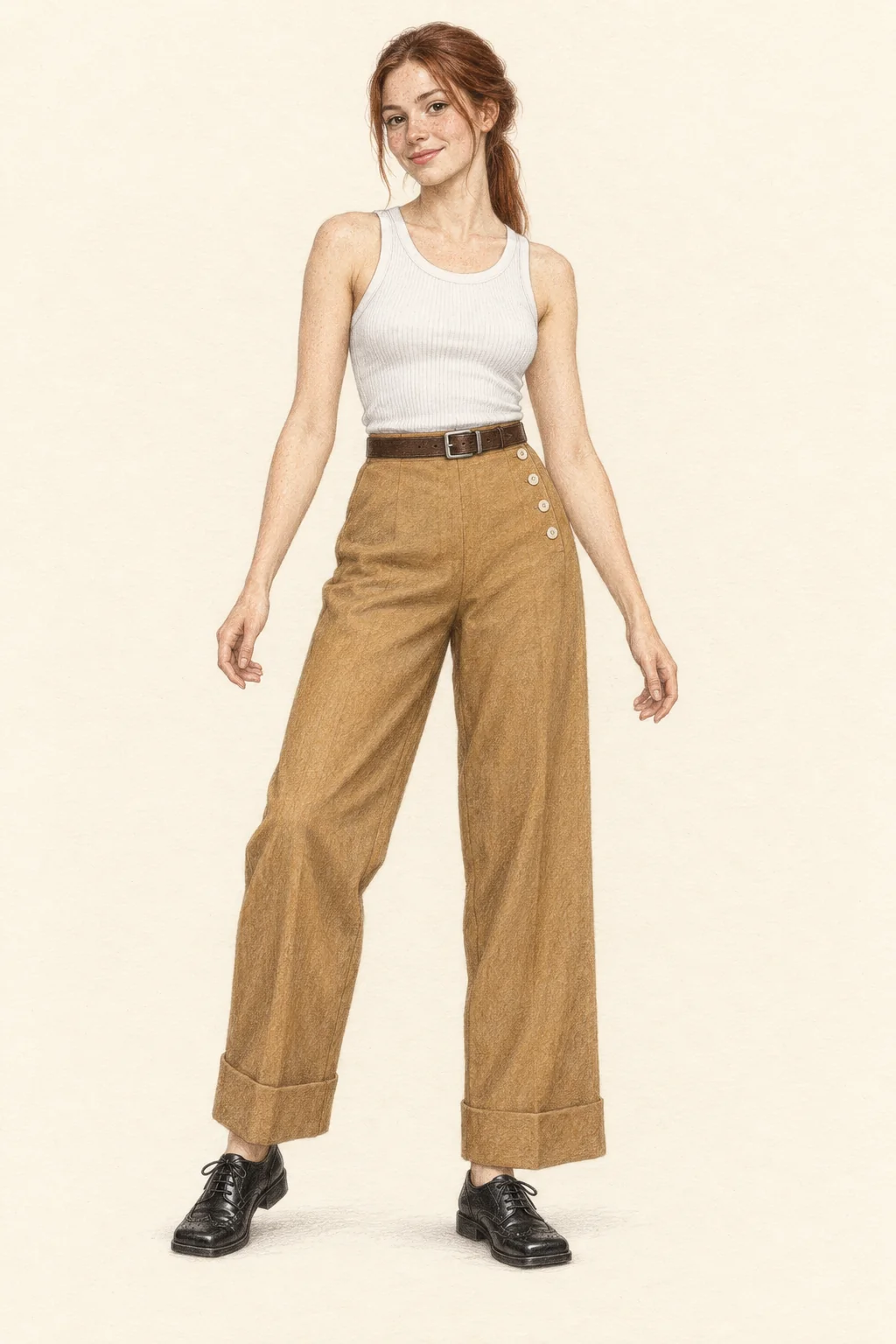 Detailed colored-pencil sketch of a slim young woman in a white rib tank, brown belt, wide camel trousers with side buttons and black brogues on ivory paper.