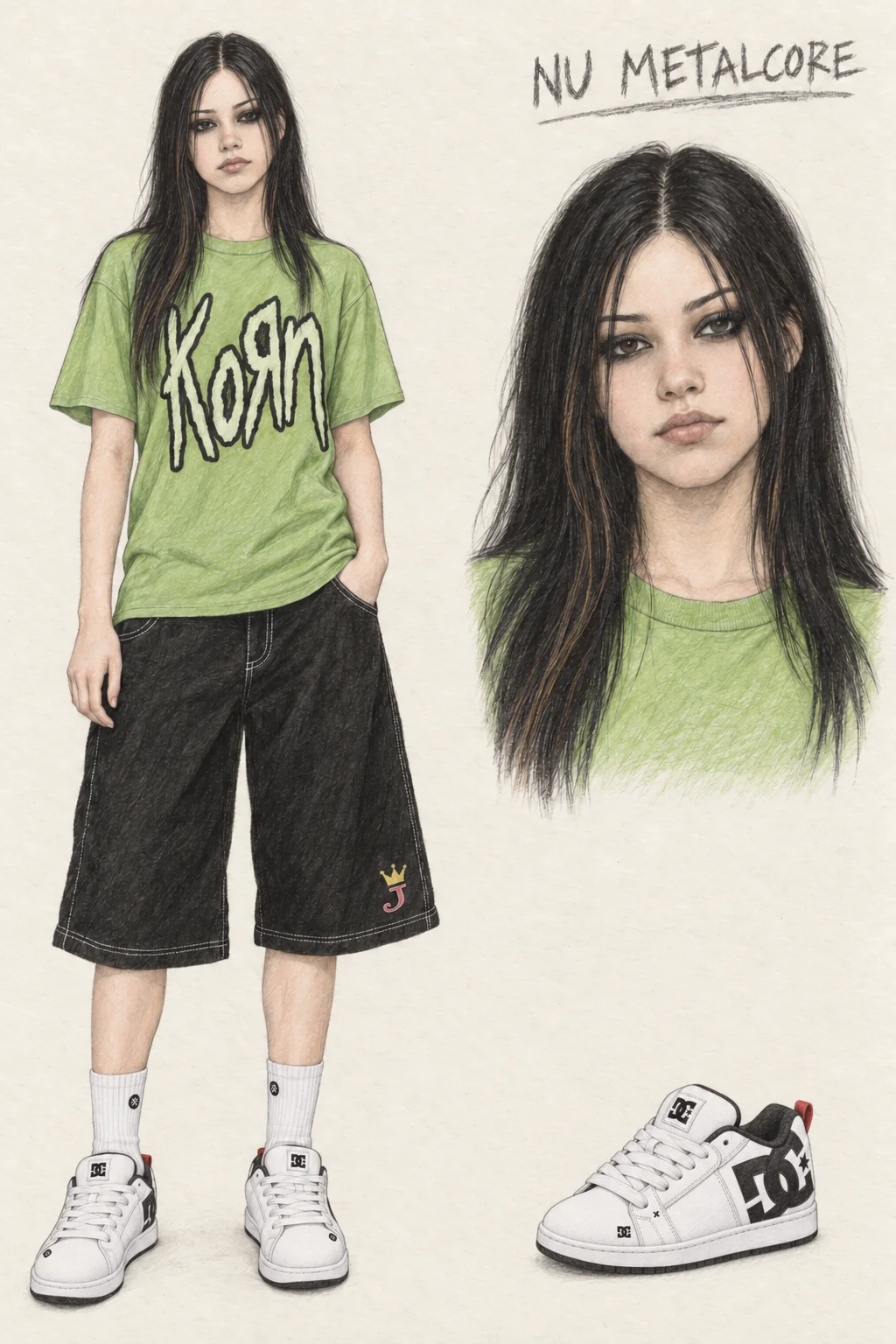 Nu Metalcore pencil sheet with a youthful long-haired woman in a green KoRn tee, wide black shorts, white socks and white-and-black skate shoes, with matching portrait and shoe studies.