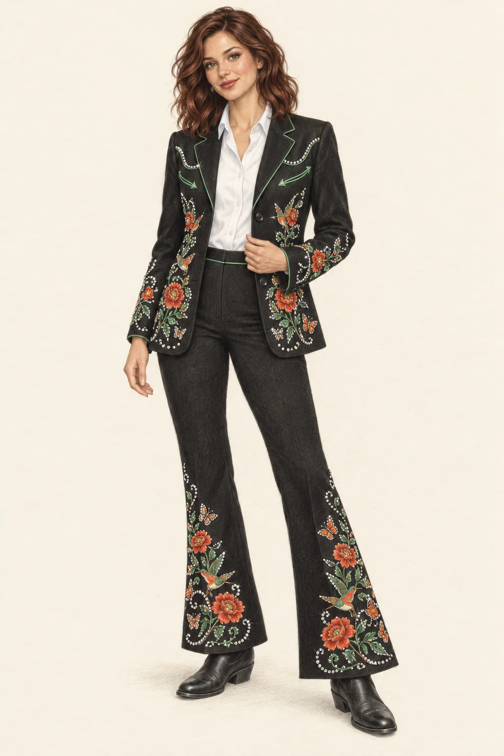 Full figure in a black floral-embroidered rhinestone trouser suit, white shirt and black western boots.
