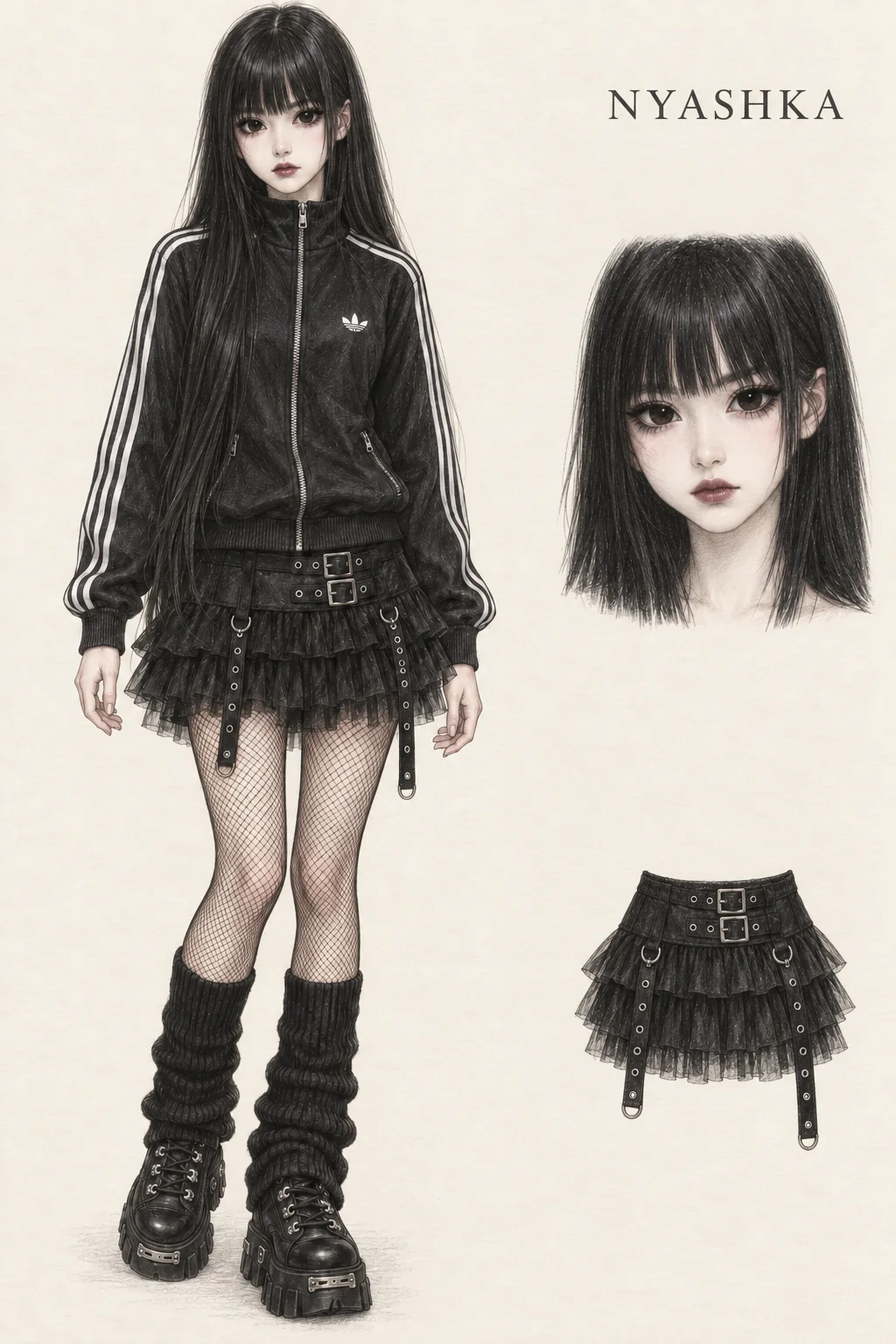Colored-pencil Nyashka fashion sketch of a pale youthful character with long straight black bangs, enlarged dark doll-eye makeup, a black white-striped zip jacket, ruffled black mini, fishnets, slouched legwarmers and chunky platform boots, with face and skirt detail studies.