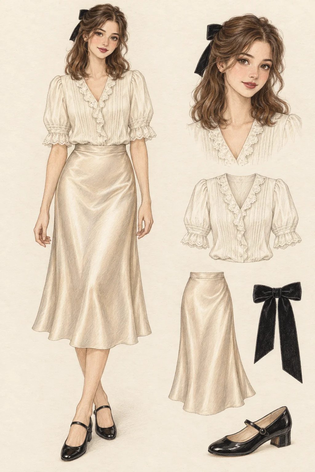 Colored-pencil illustration of an 18-year-old adult wearing ivory ruffled pintuck blouse, champagne silk bias skirt, black low-heel patent mary janes, black velvet bow barrette with long tails on warm ivory paper, with a matching portrait and garment detail studies.