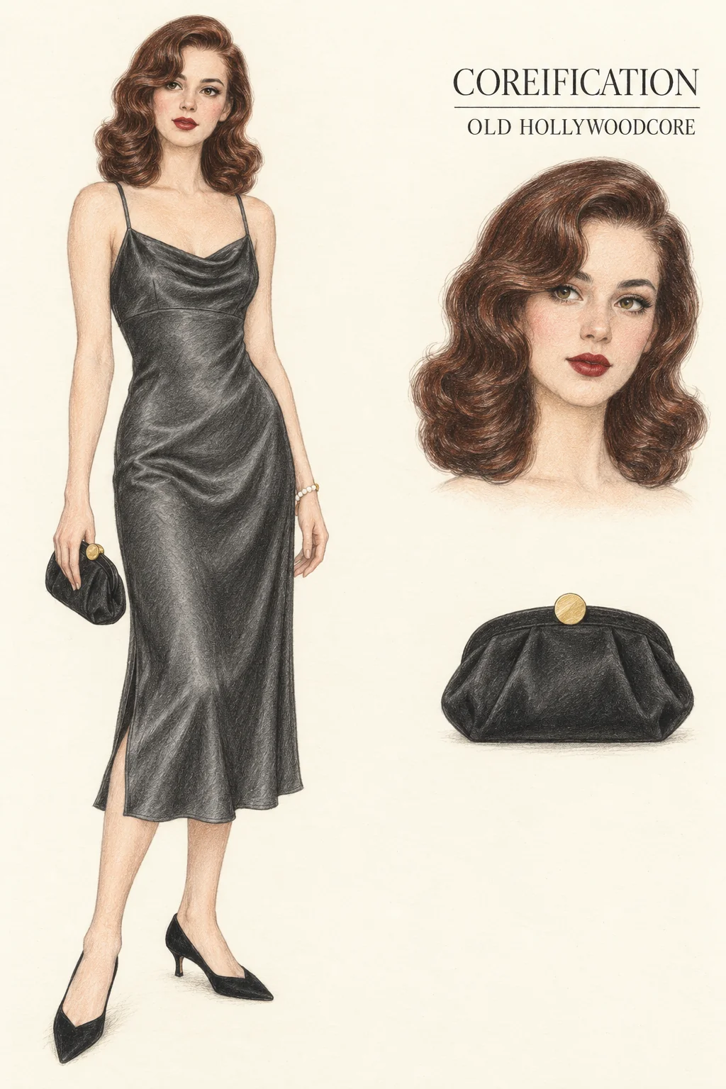 Detailed colored-pencil Old Hollywoodcore sheet on warm ivory paper. Charcoal silk, auburn waves and a single pearl strand. A complete youthful fictional figure at left, matching face and item studies at right.